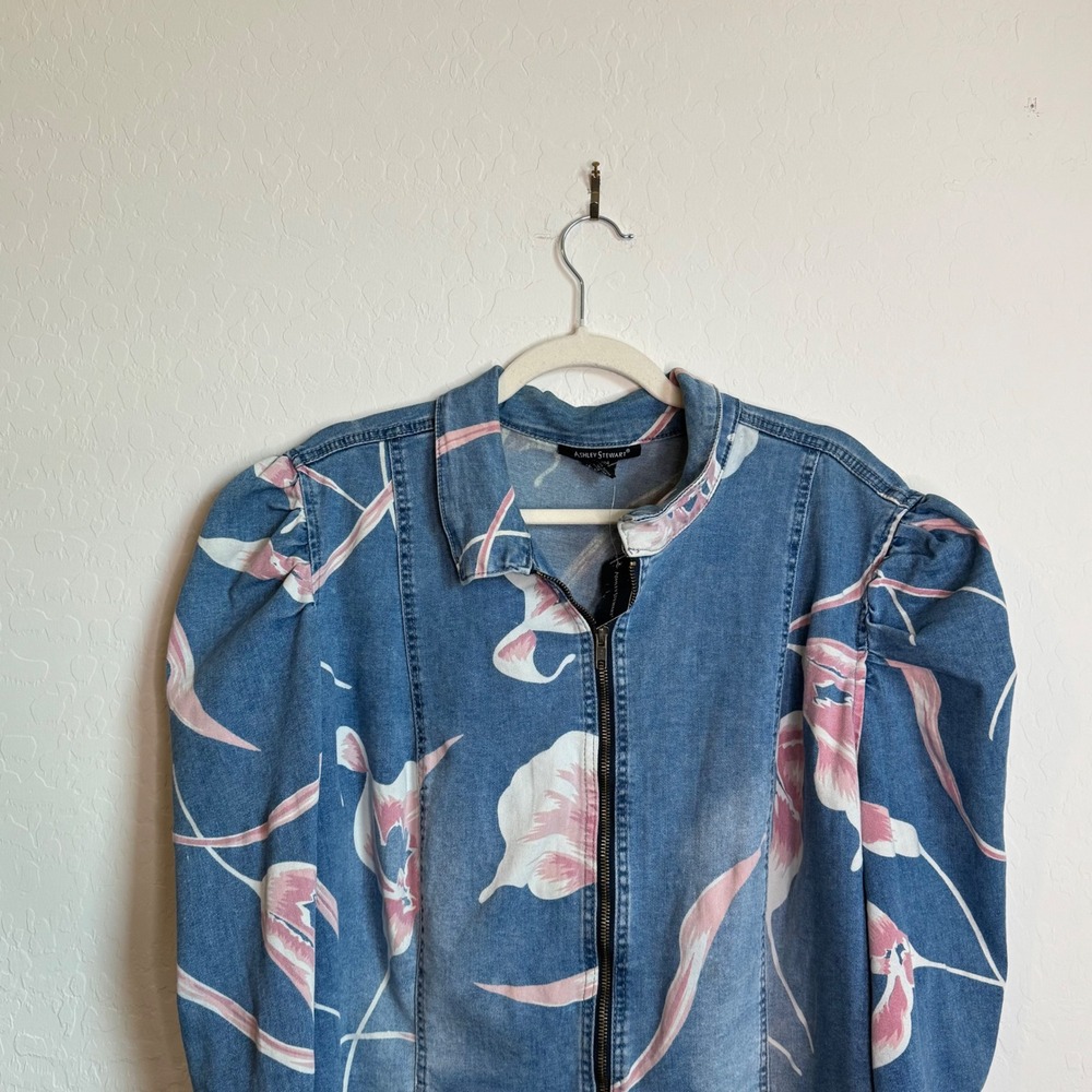 VTG Ashley Stewart Floral Puff Sleeve Denim Jacket Cottagecore Plus 22/24 NWT - Picture 2 of 10